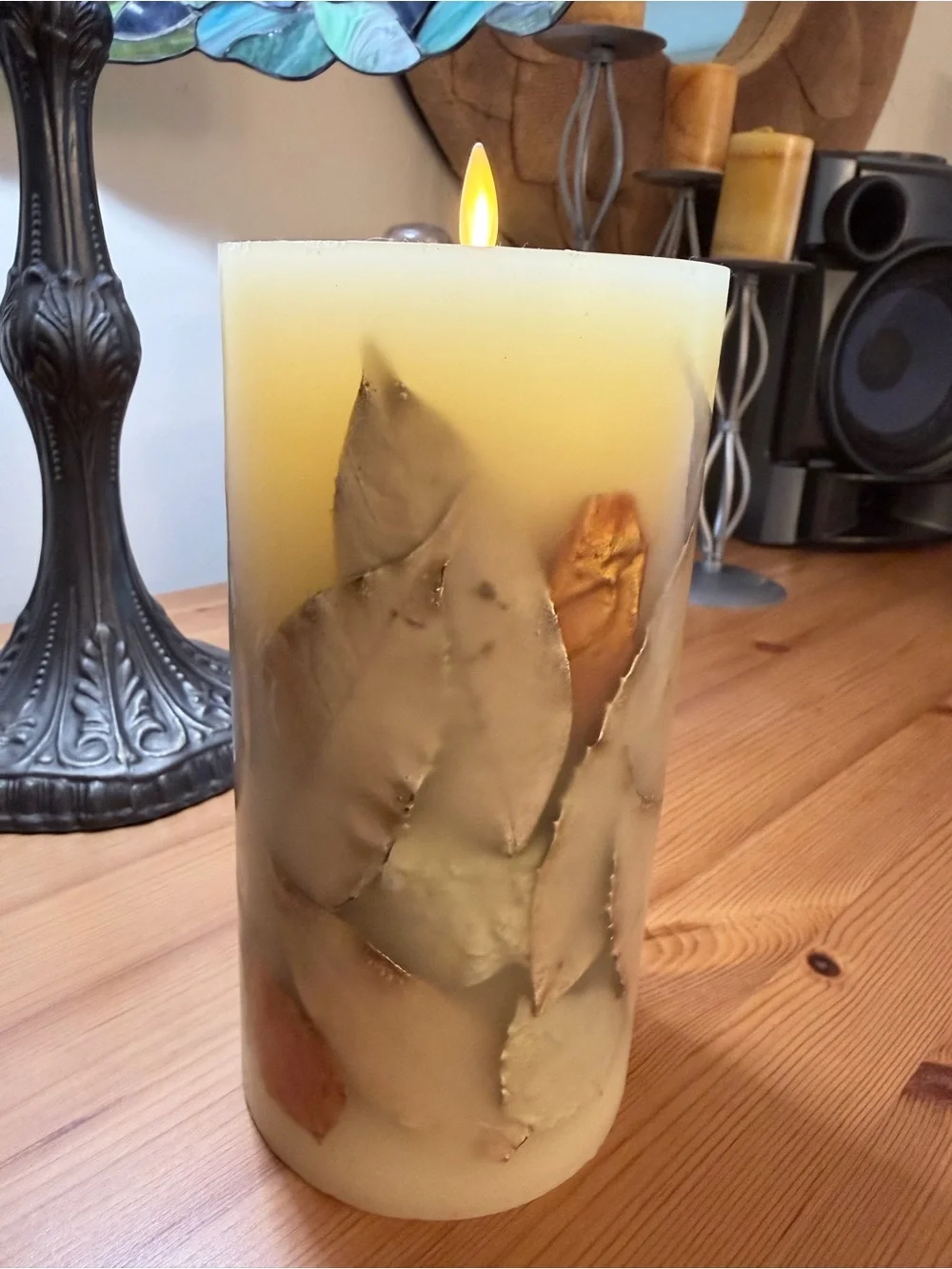 Vintage flameless Cream with Leaf accents  Pillar Candle